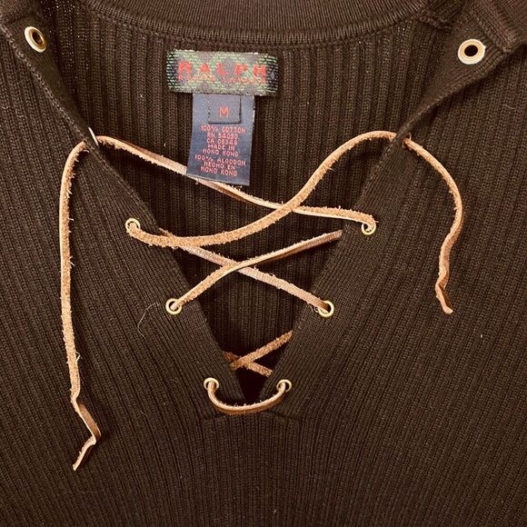 Ralph Ralph Lauren Ribbed V Neck Long Sleeve Sweater with Lace Up Detail - Picture 5 of 11